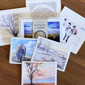 Kansas cards with landscape artwork, snow, bison, and trees.