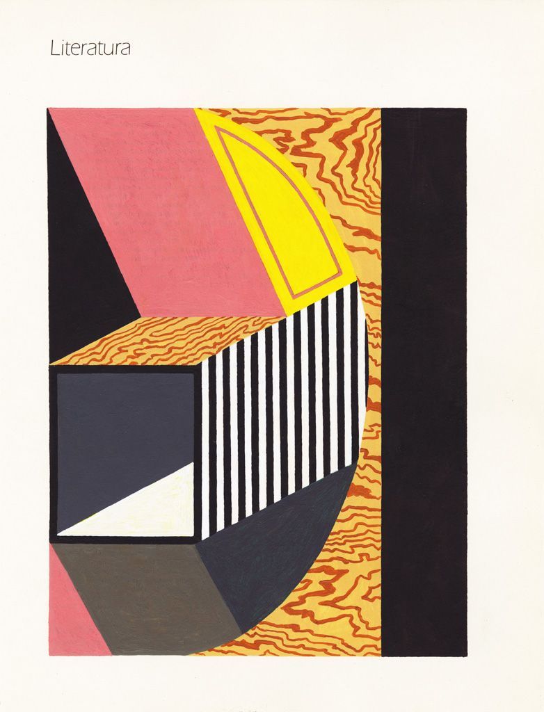 Abstract geometric composition with pink, yellow, black, striped, and textured shapes.