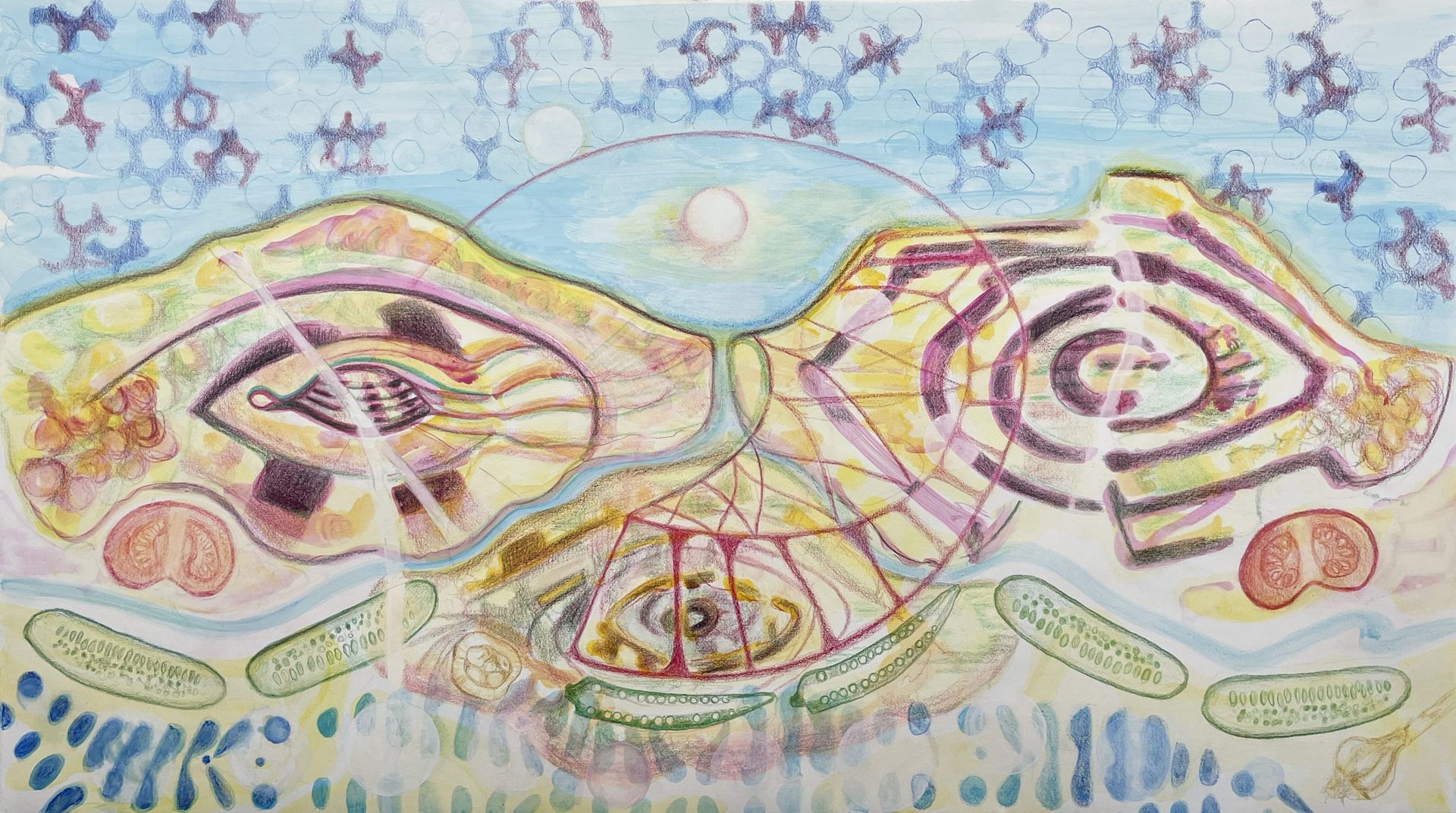Abstract watercolor with eye-like shapes, spiral, sun, geometric patterns, blue, pink, yellow, and a molecular background.