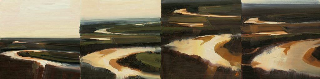 A collage of four paintings of a river with buildings in the background.