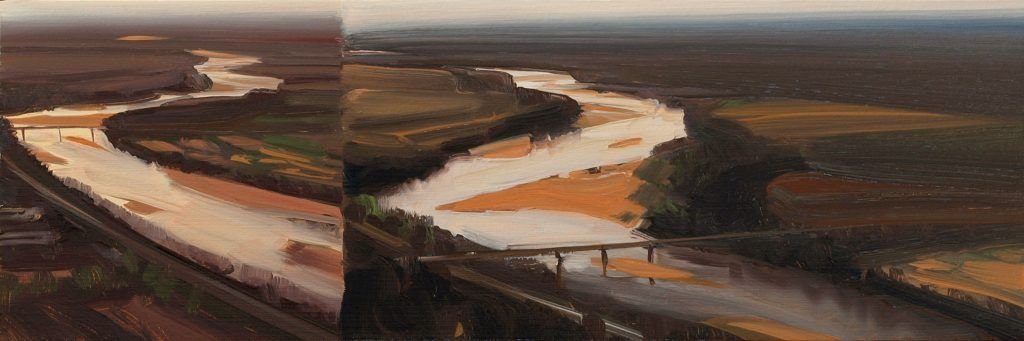 A painting of a river with a bridge in the background.