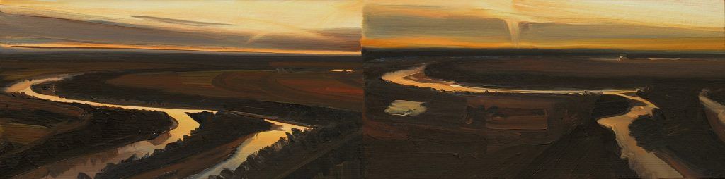 A painting of a river with a sunset in the background.