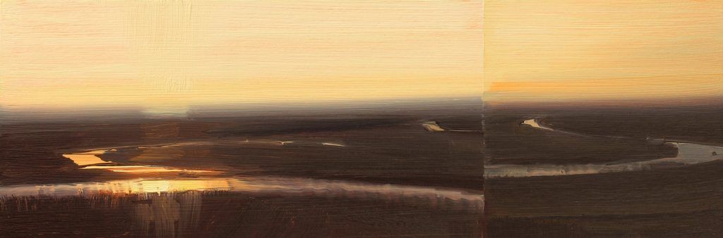 A painting of a river with a sunset in the background.