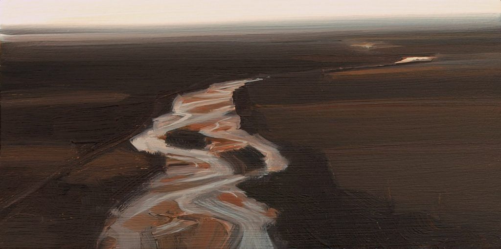 A painting of a person standing on a hill overlooking a river.