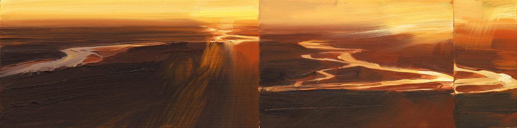 It is a painting of a sunset over a river.