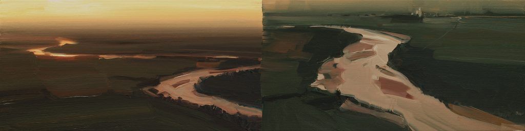 A couple of paintings of a river with a sunset in the background.