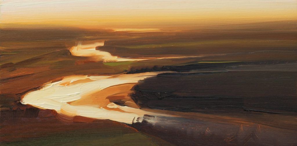 A painting of a river flowing through a valley at sunset.