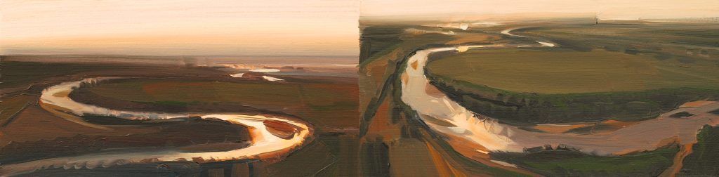 A painting of a river flowing through a field at sunset.