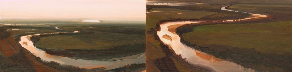 A couple of paintings of a river going through a field.