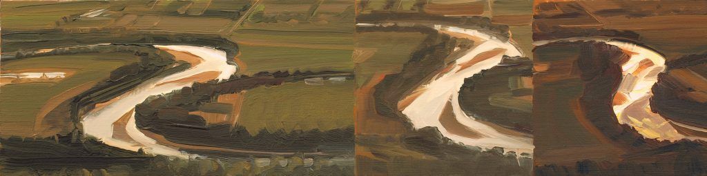 A close up of a painting of a river with trees in the background.