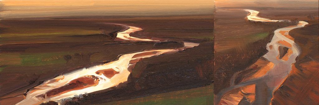 A painting of a river flowing through a field.