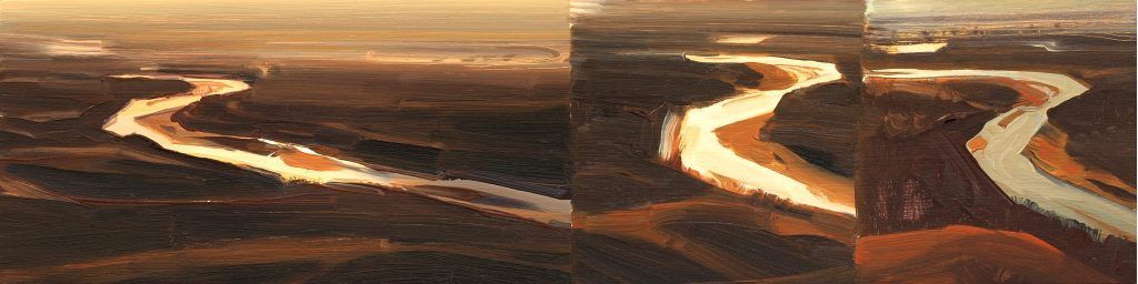 A painting of a river flowing through a forest.