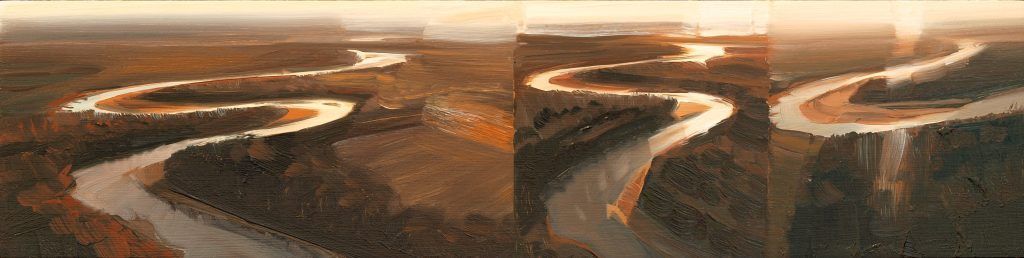 A painting of a winding road going through a forest.