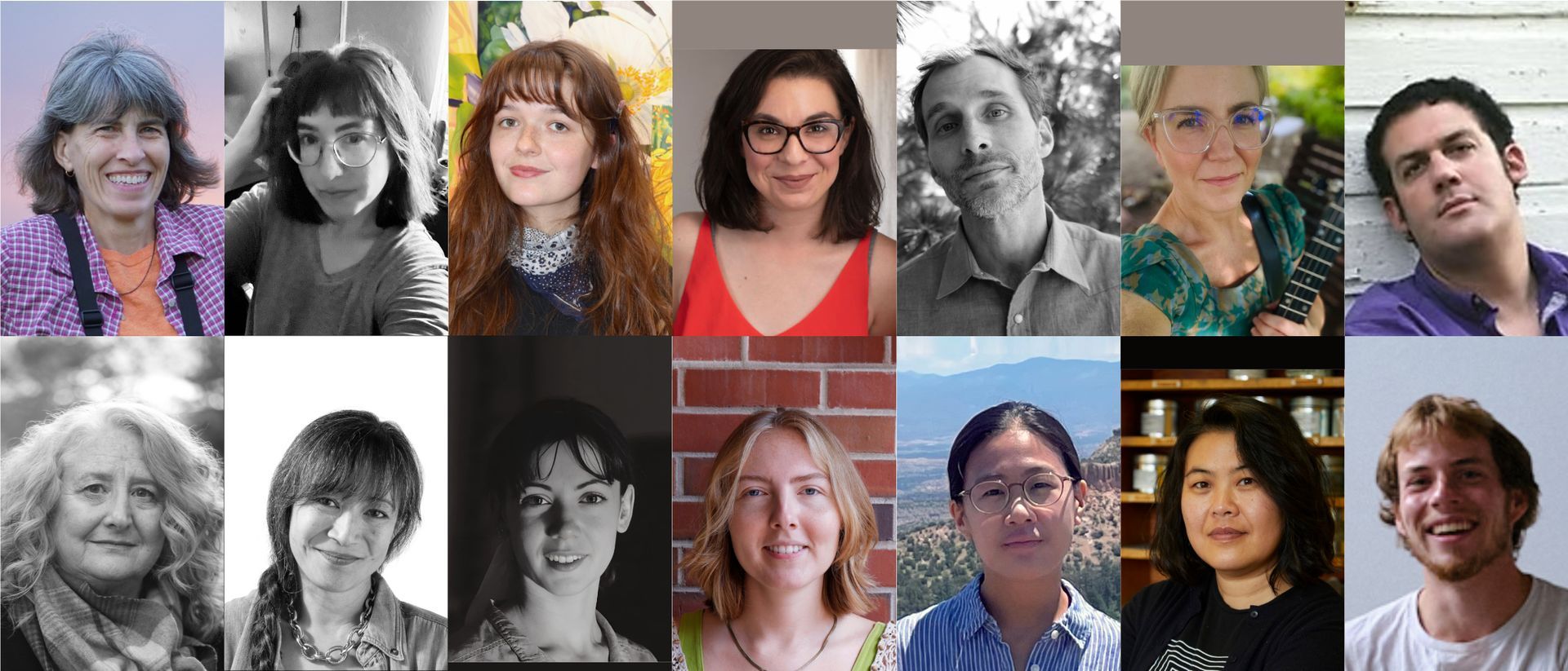 Portraits of 15 diverse people in various settings, mostly headshots, with different expressions and colors.