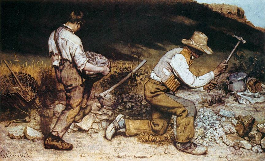 Two road workers: one carrying stones, the other hammering them; outdoors in a sunny field.