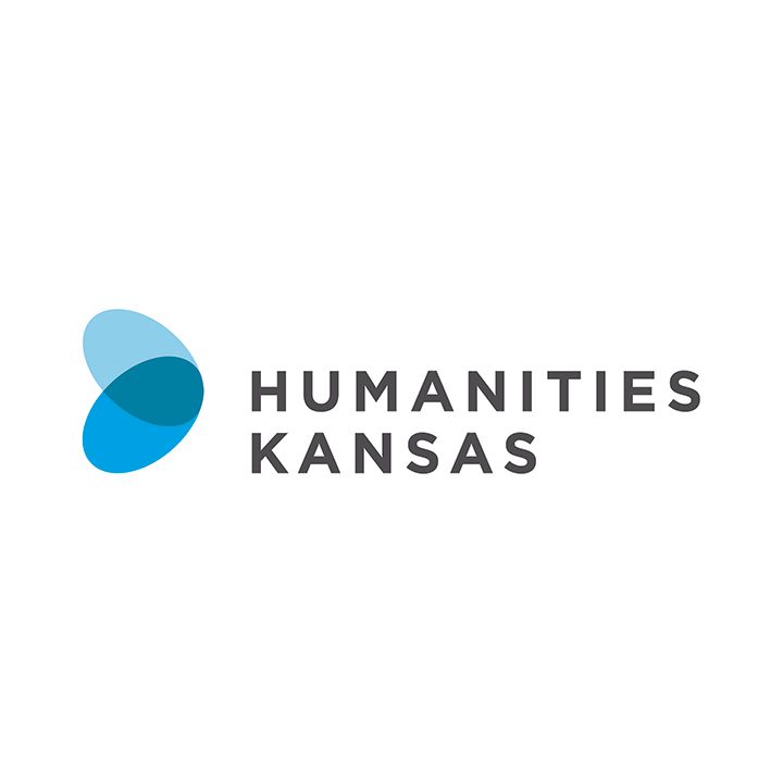 The logo for humanities kansas is a blue and white logo with a blue circle in the middle.