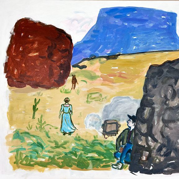 Woman in blue dress walks toward mountain, man watches from behind rocks, brown horse nearby.