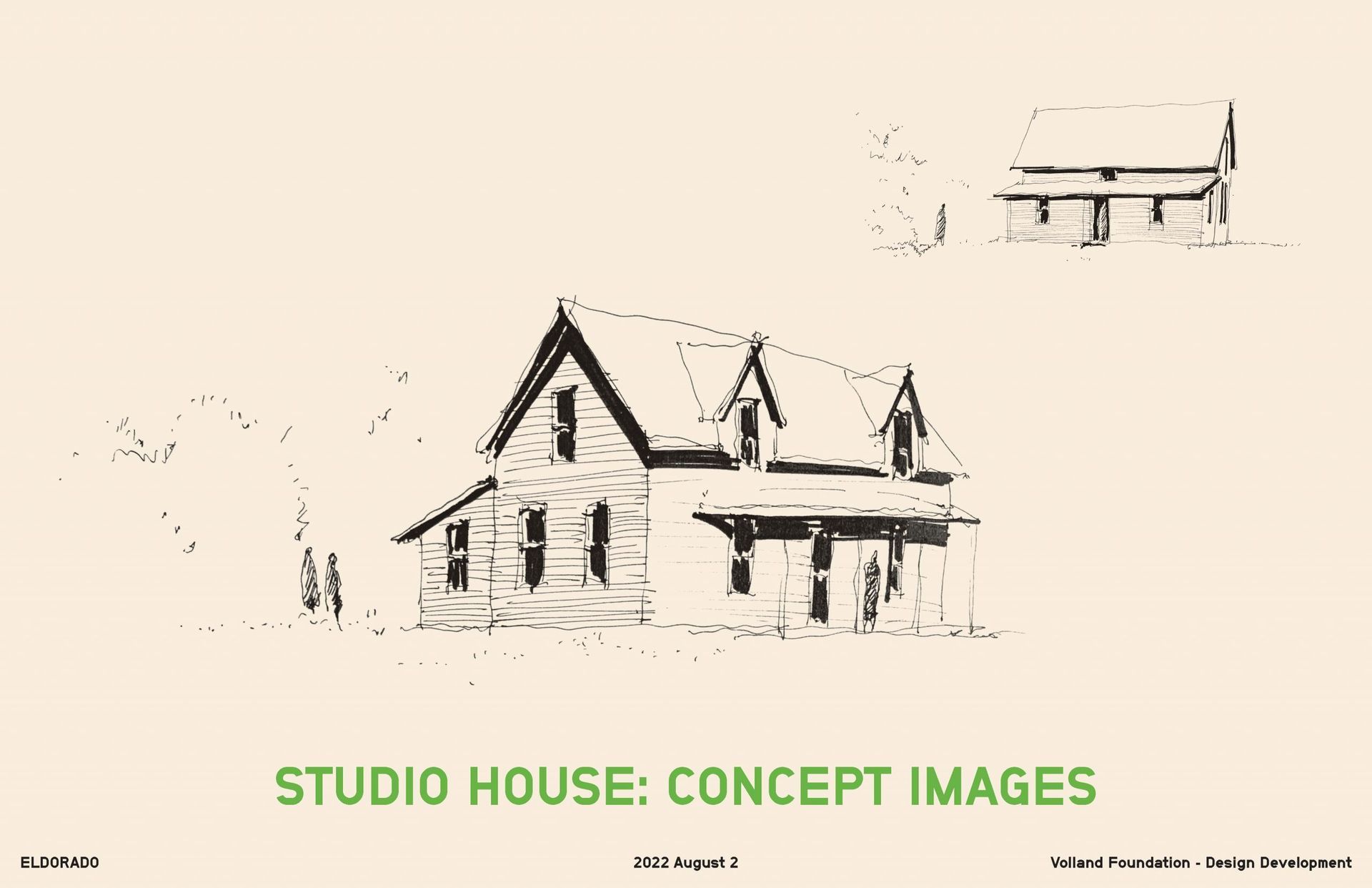 Black and white sketch of a house with two dormers. Concept images for a studio house design.