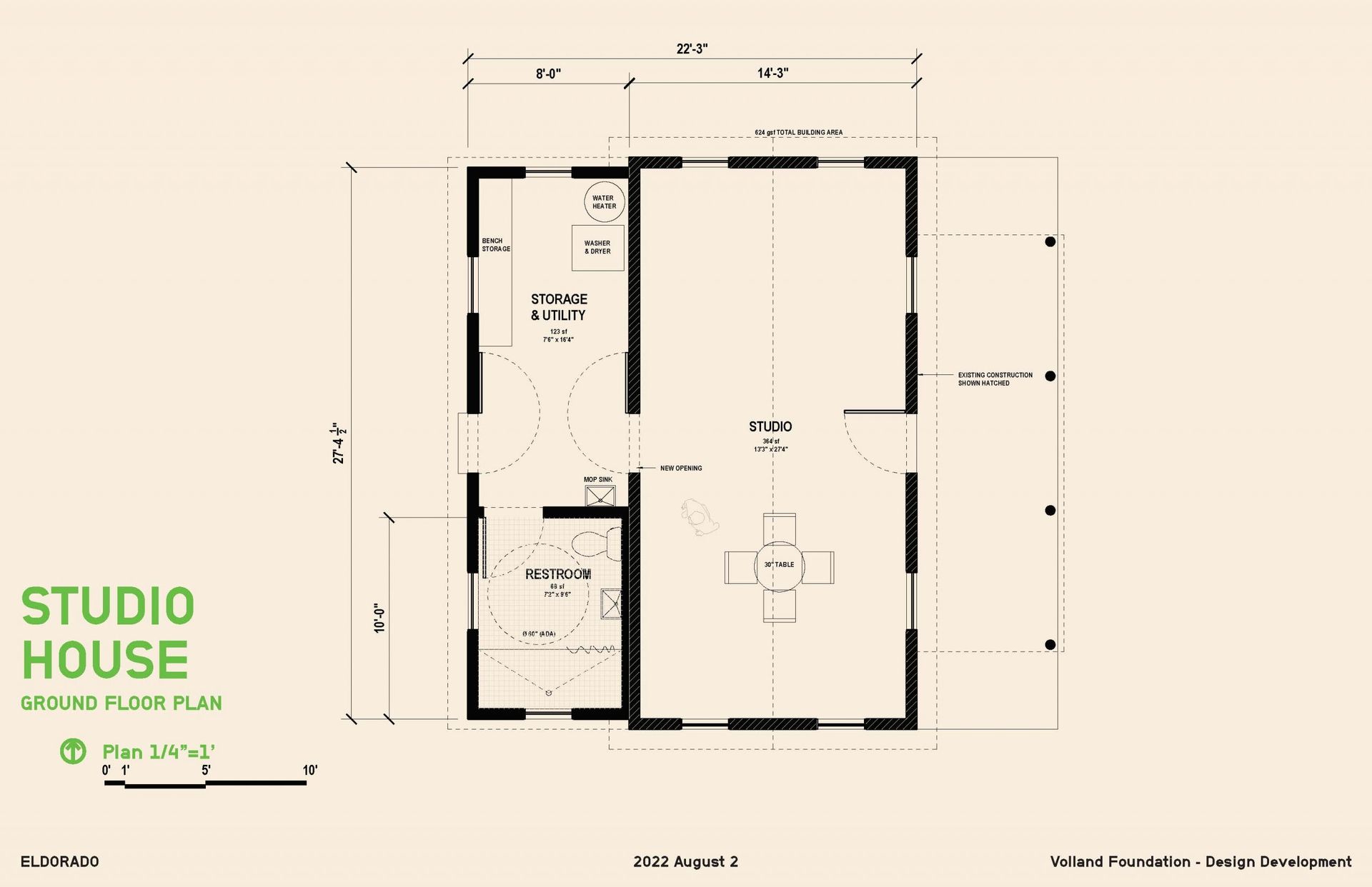Studio house ground floor plan with measurements.