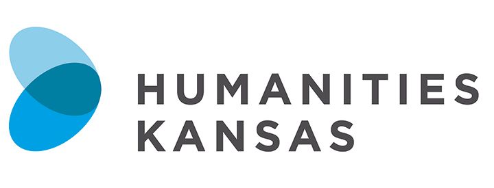 The logo for humanities kansas is blue and white with a blue circle in the middle.