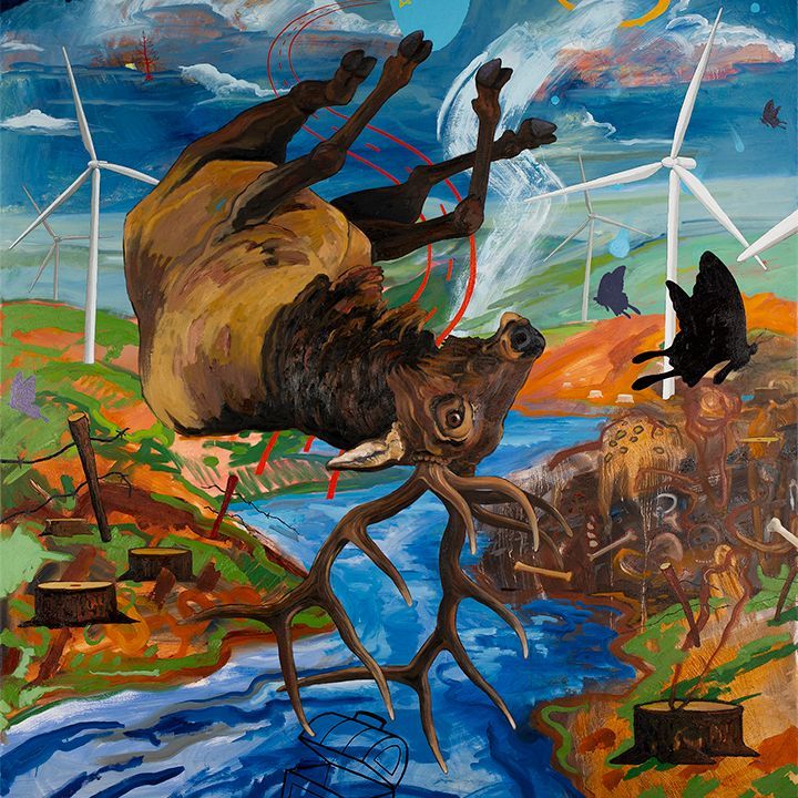 Elk falling in landscape with wind turbines, deforested areas, and a butterfly.