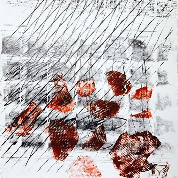A painting with a lot of lines and red spots on it