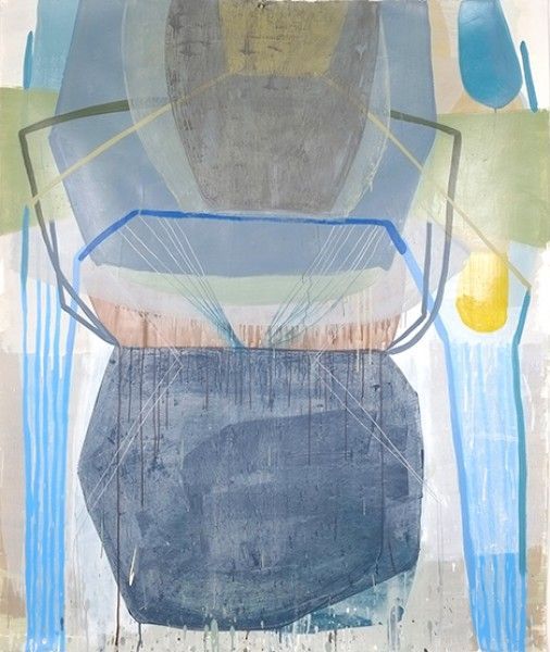 A painting of a chair with a blue and yellow object in the middle
