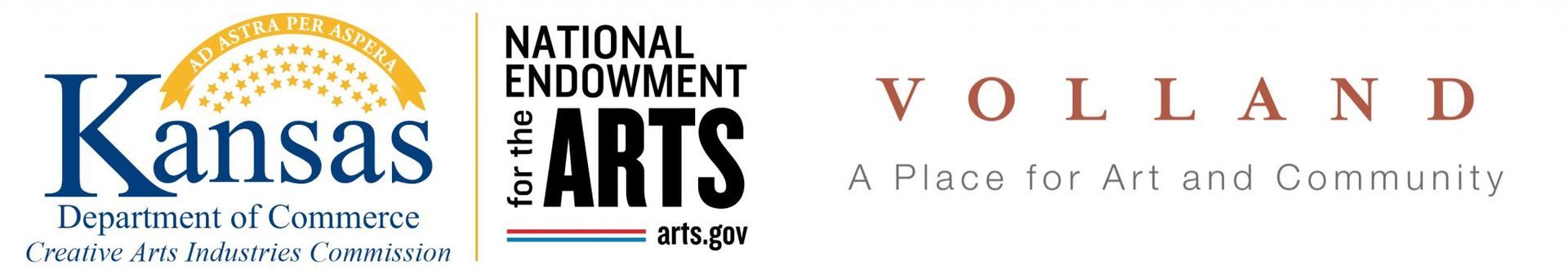 Logos for Kansas Department of Commerce, National Endowment for the Arts, and Volland, a community art space.