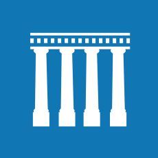 A white icon of a building with columns on a blue background.