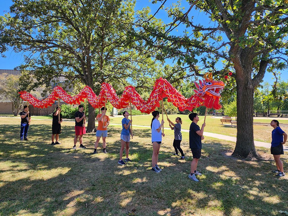 People practice a red dragon dance outdoors under trees on a sunny day.