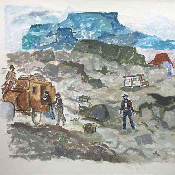 Cowboys gather near stagecoach in desert landscape. Rocky ground, blue and brown mountains, blue sky.