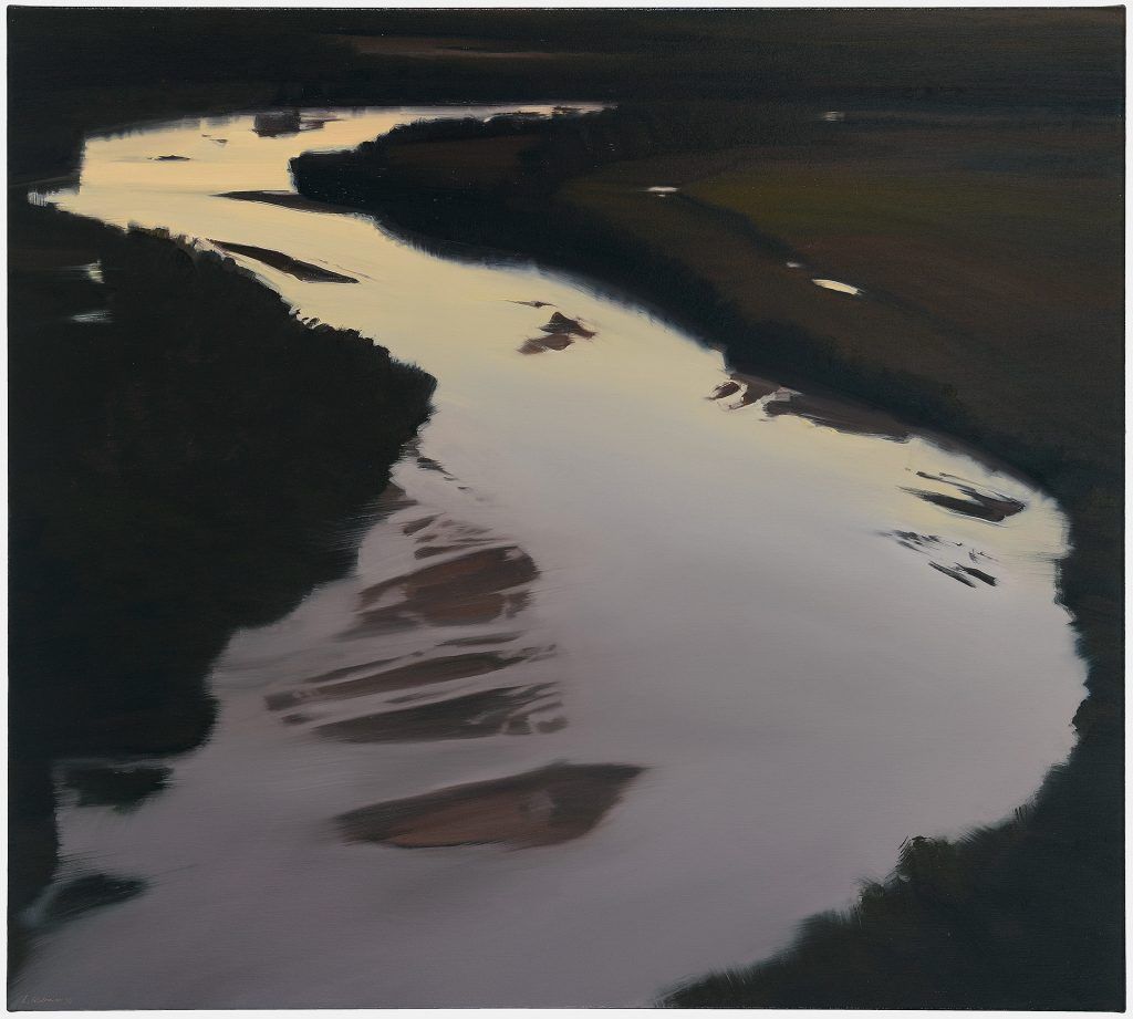 A painting of a river flowing through a field