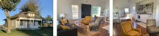 A collage of three pictures of a house , a tree , and a living room.