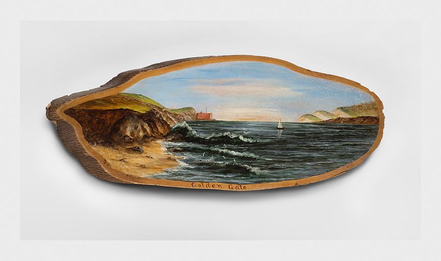 a landscape of a rocky shoreline and ocean painted on an oval slice of log with bark around the edges