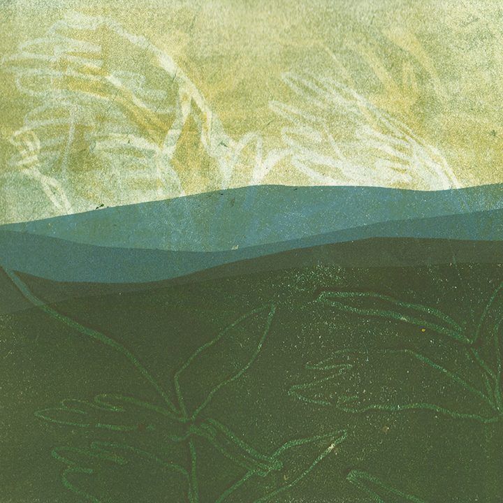 Green and blue abstract landscape with textured background and foliage outlines.