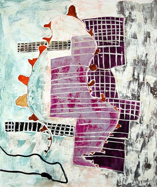 A close up of a painting with a purple and white design