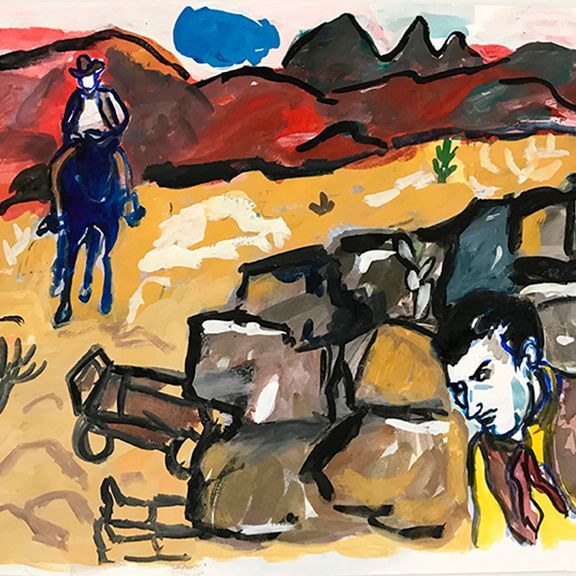 Cowboy on horseback watches man hiding behind rocks in desert landscape.