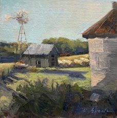 A painting of a farm with a windmill and a barn.