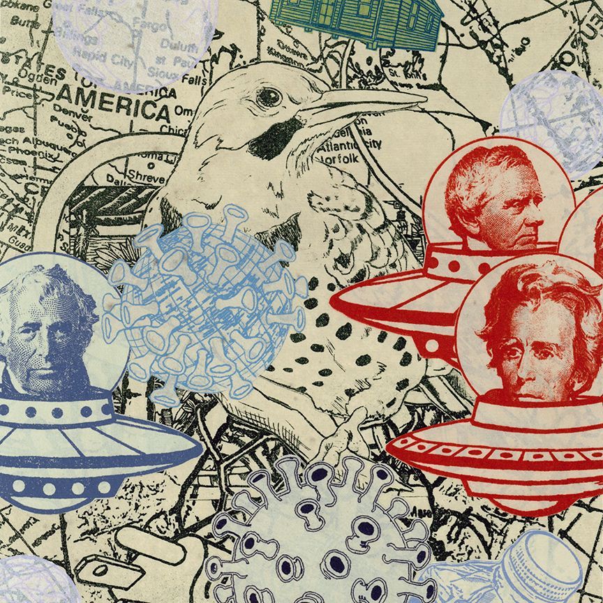 Collage: Bird, portraits in UFOs, map, virus, multi-colored.