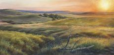 A painting of a grassy field with a sunset in the background.