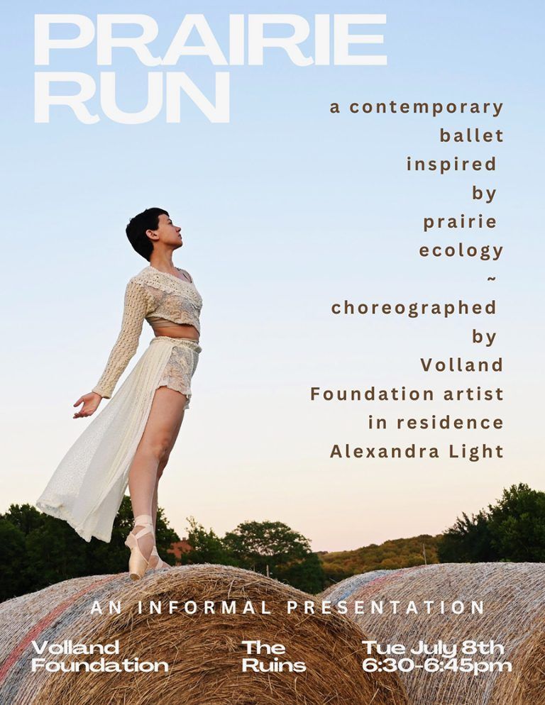Poster: Dancer in white, ballet pose on hay bales,