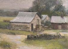 A painting of a farm with a few buildings and a stone wall.