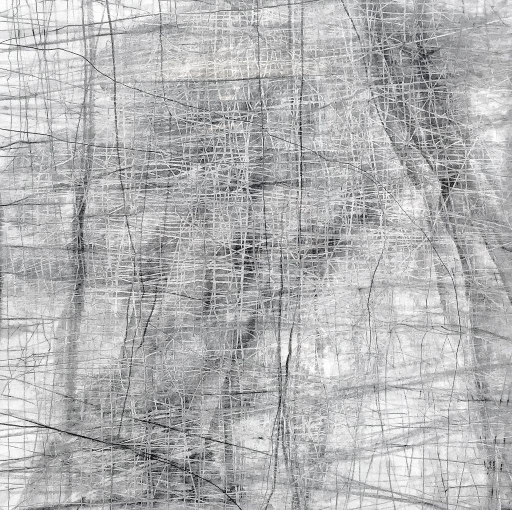 A black and white drawing of a fence with trees in the background.