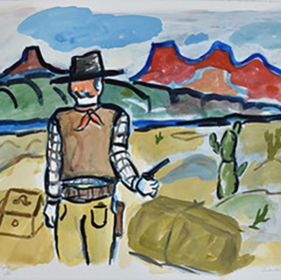 Cowboy in desert landscape, gun drawn, bag and box on ground, colorful mountains in background.