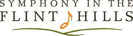 Logo for Symphony in the Flint Hills: text above, a musical note, and a green line representing rolling hills.