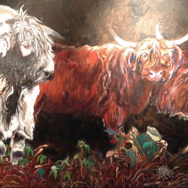 A painting of a herd of cows standing in a field
