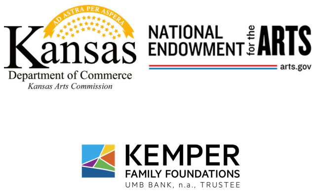 Logos of Kansas Department of Commerce/Arts Commission, National Endowment for the Arts, and Kemper Family Foundations.