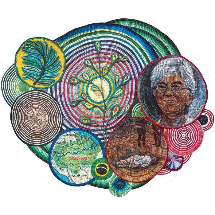 A painting of a woman surrounded by circles and trees
