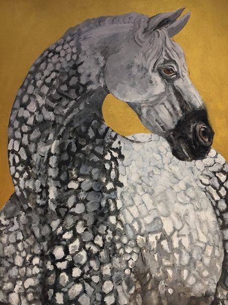A close up of a painting of a horse on a gold background