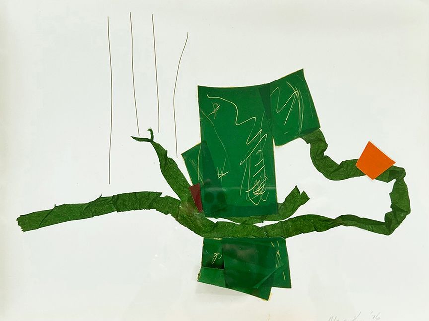 Green abstract collage with orange and red accents on a white background.
